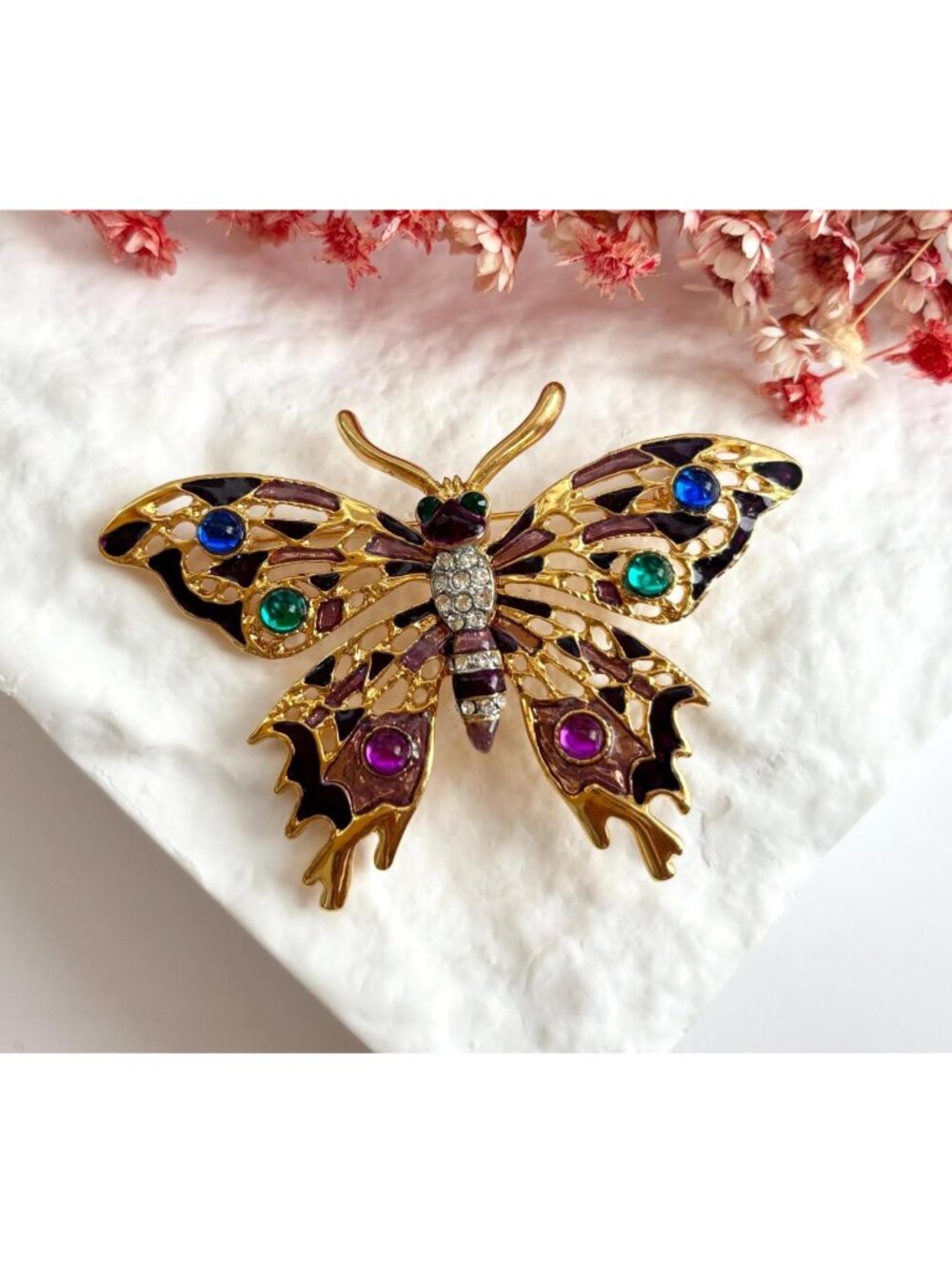 Butterfly Figural Vintage Rainbow Rhinestone Gold Toned Brooch